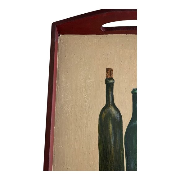 Vintage Hand-Painted Wooden Serving Tray – Wine Bottle & Glass Still Life – Sign - Picture 5 of 6